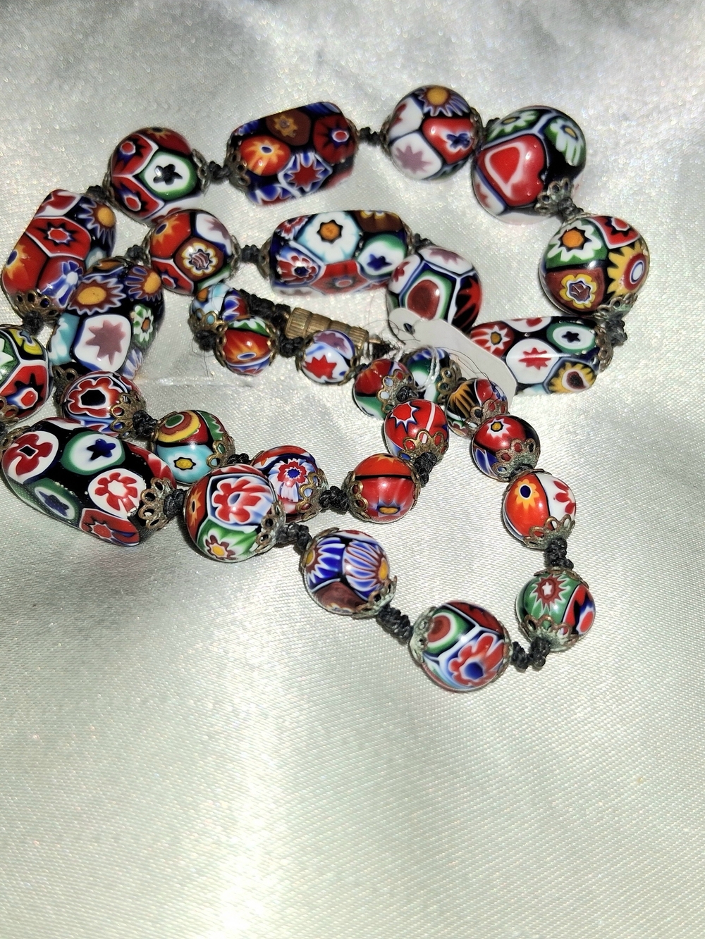 Vtg Handknotted Multicolor Millefiori Glass Bead Necklace - Picture 3 of 11